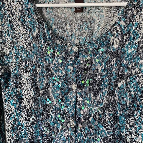 Dana Buchman Wm LS Button Front Blue Gray Animal Print Cardigan Sequins Size S - Picture 5 of 9